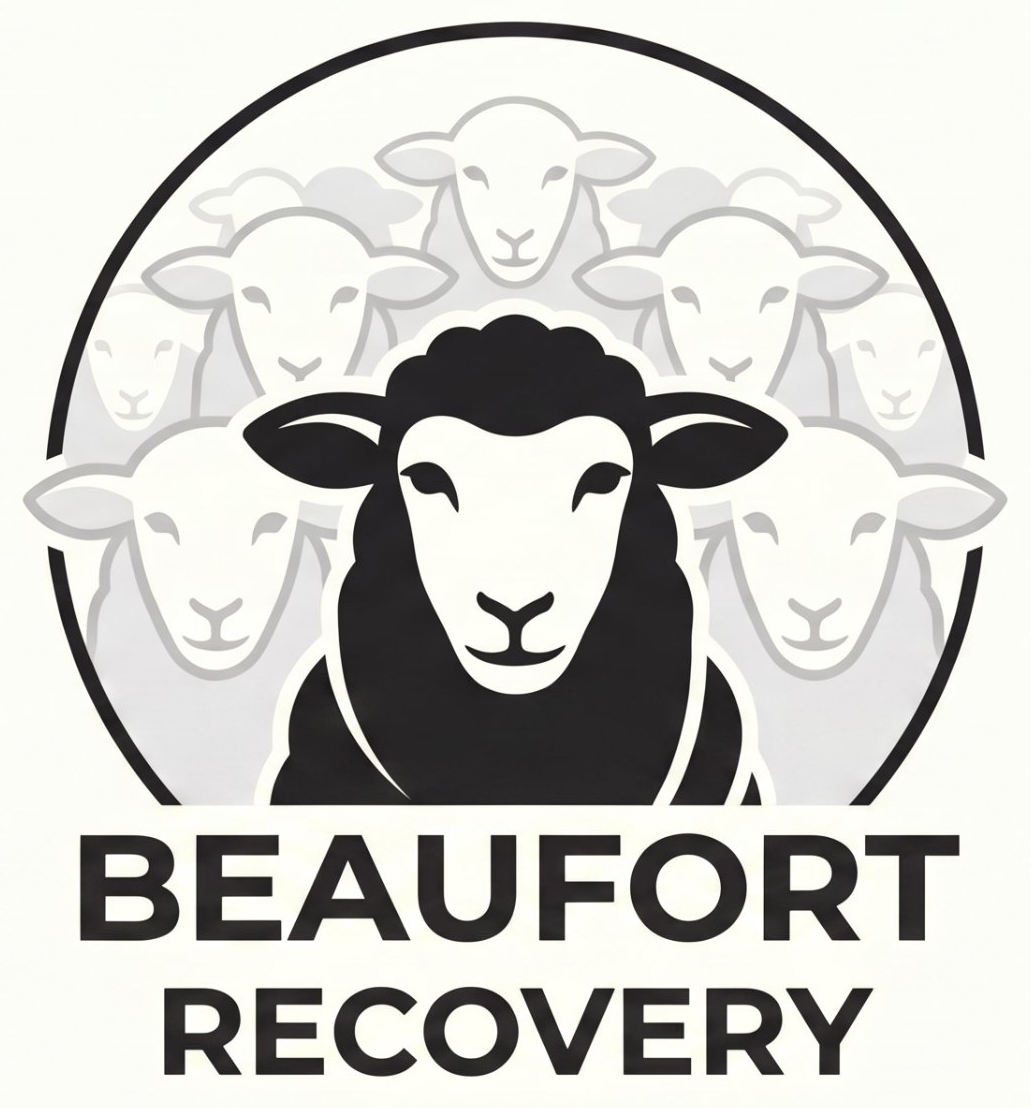 Beaufort Recovery logo: a black sheep in front of a flock of white sheep